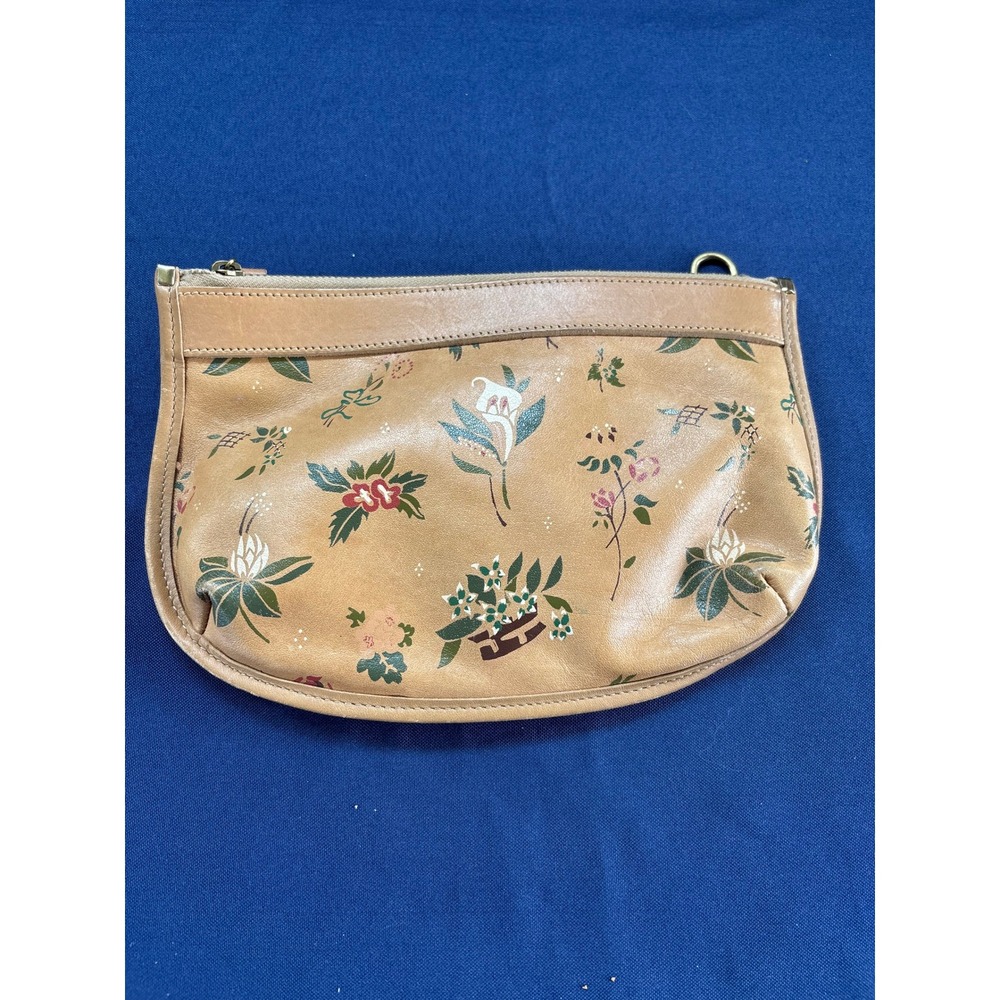 Brahmin Floral Leather Pouch Tan Botanical Print Zipper Clutch Makeup Bag‎ Small